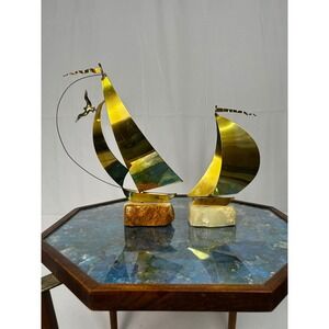 Vintage DeMott Brass Sailboat Sculptures on Stone Base Set of 2 MCM Nautical
